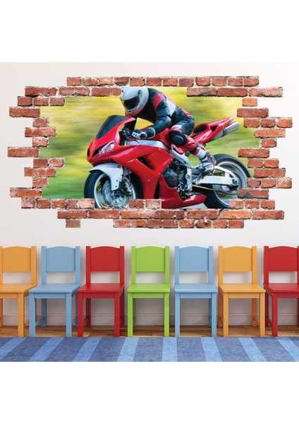 Kırmızı Spor Motosiklet Kırmızı Tuğla 3D Delik Dekoratif Duvar Sticker Çıkartması Bebek Çocuk Odası