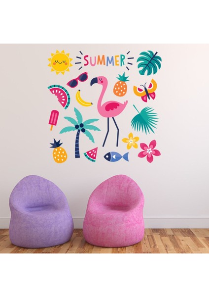 Yaz Flamingo Palmiye Ağacı Ananas Dekoratif Duvar Çıkartma Seti Yatak Çocuk Odası