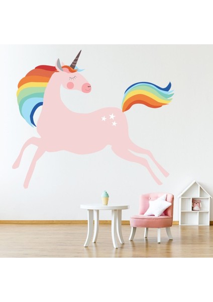 Dört Nala Koşan Pembe Tek Boynuzlu At Dekoratif Duvar Sticker Çıkartma Bebek Çocuk Odası