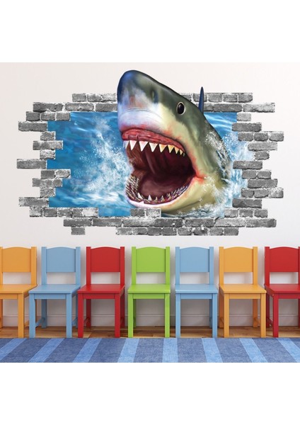 Köpekbalığı Saldırısı Çeneleri Gri Tuğla 3D Delik Dekoratif Duvar Sticker Çıkartması Çocuk Odası
