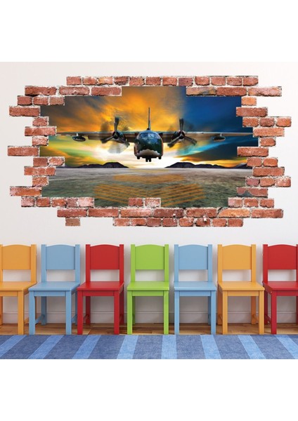 Hercules C130 Uçağı Kırmızı Tuğla 3D Delikli Dekoratif Duvar Sticker Çıkartması Bebek Çocuk Odası