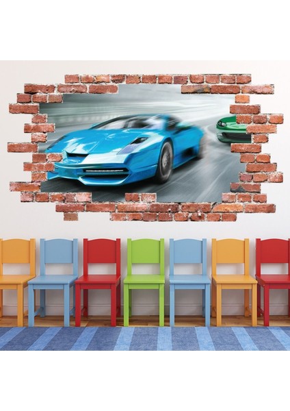 Yarış Arabaları Spor Kırmızı Tuğla 3D Delik Dekoratif Duvar Sticker Çıkartması Bebek Çocuk Odası