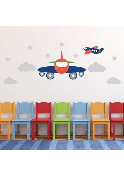 Uçak ve Bulutlar Kreş Sahnesi Dekoratif Duvar Sticker Çıkartma Bebek Çocuk Odası