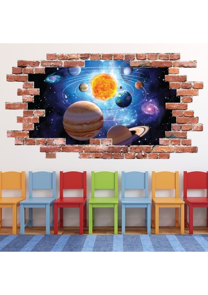 Güneş Sistemi Uzay Kırmızı Tuğla 3D Delik Dekoratif Duvar Sticker Çıkartması Bebek Çocuk Odası
