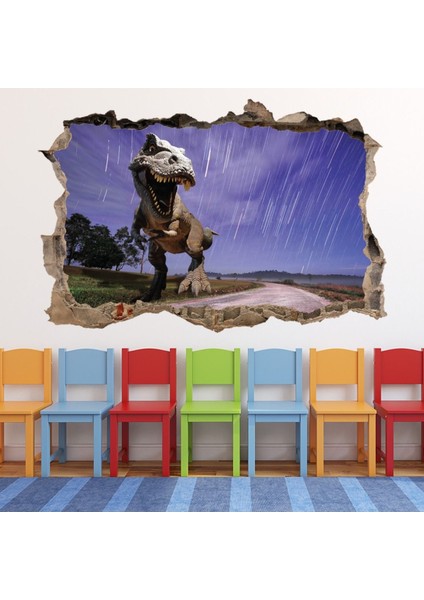 T-Rex Hunt Dinozor 3D Delik Dekoratif Duvar Sticker Çıkartması Bebek Çocuk Odası