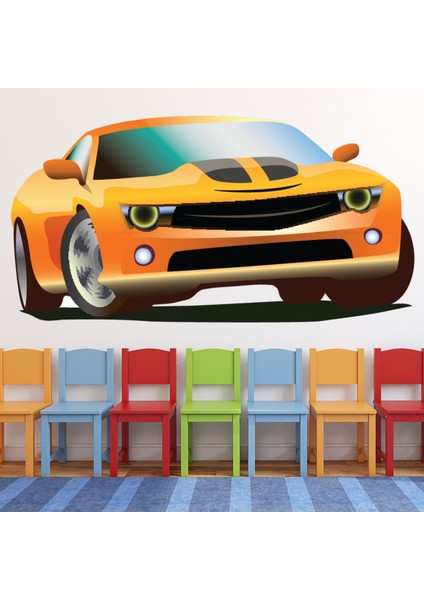 Sarı Spor Araba Siyah Şerit Dekoratif Duvar Sticker Çıkartması Bebek Çocuk Odası