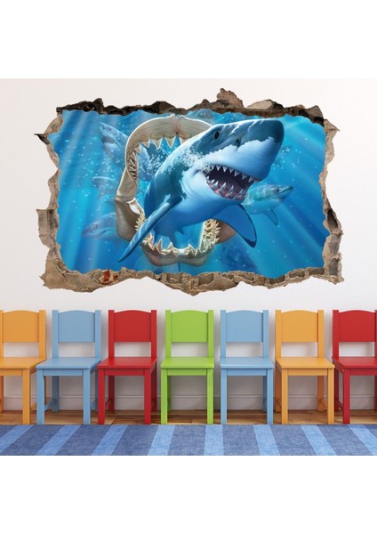 Köpekbalığı Çenesi 3D Delik Dekoratif Duvar Sticker Çıkartması Yatak Çocuk Odası