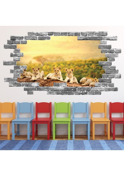 Aslan Yavruları Gri Tuğla 3D Delik Dekoratif Duvar Sticker Çıkartma Bebek Çocuk Odası