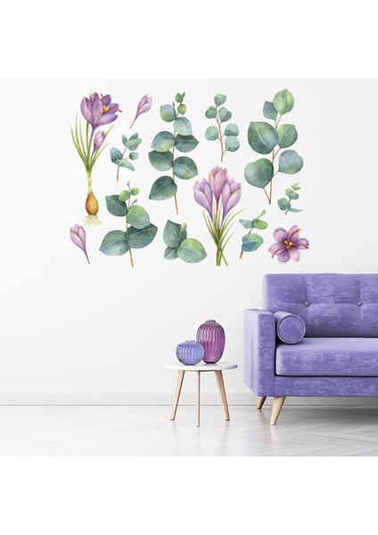 Mor Çiçekler Yeşil Yapraklar Dekoratif Duvar Çıkartma Seti Ofis Oturma Odası