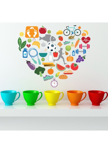 Sağlıklı Yaşam Tarzı Kalp Fitness Dekoratif Duvar Sticker Çıkartma Ofis Oturma Odası