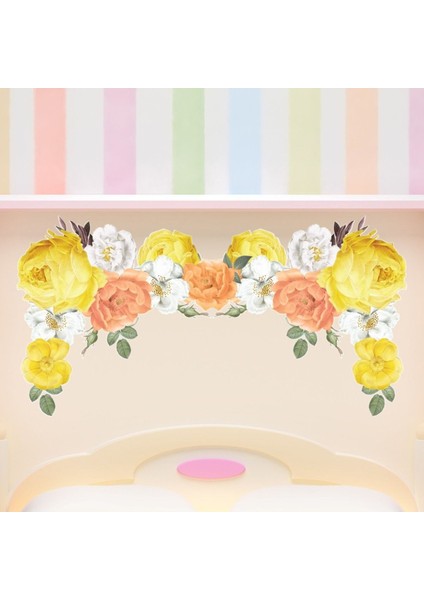 Sarı ve Şeftali Gül Çelenk Çiçek Dekoratif Duvar Sticker Çıkartma Ofis Oturma Odası