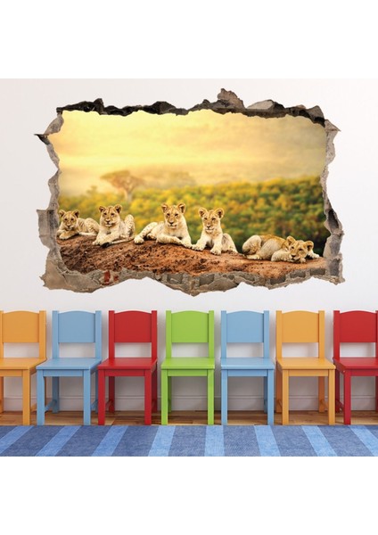 Aslan Yavruları 3D Delikli Dekoratif Duvar Sticker Çıkartma Yatak Çocuk Odası