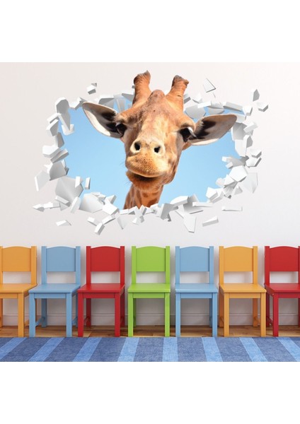 Safari Zürafa Beyaz 3D Delikli Dekoratif Duvar Sticker Çıkartması Bebek Çocuk Odası