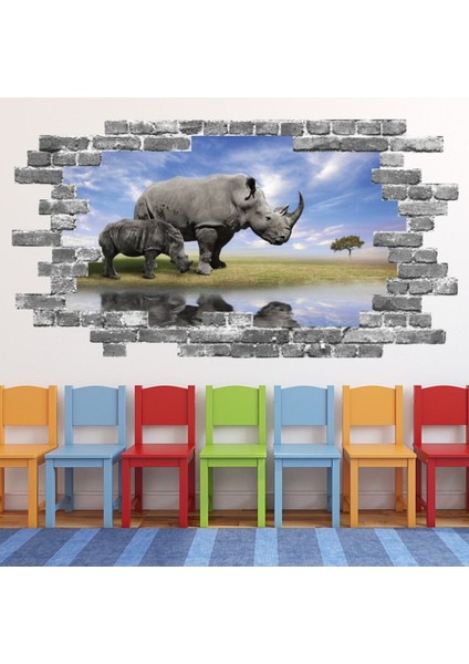 Gergedan Gri Tuğla 3D Delikli Dekoratif Duvar Sticker Çıkartması Bebek Çocuk Odası