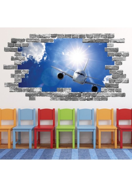 Uçak Uçuş Uçak Gri Tuğla 3D Delik Dekoratif Duvar Sticker Çıkartması Bebek Çocuk Odası