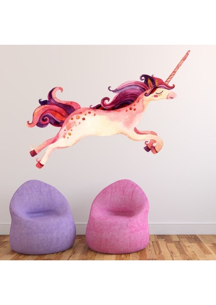 Dört Nala Koşan Pembe Tek Boynuzlu At Dekoratif Duvar Sticker Çıkartma Bebek Çocuk Odası