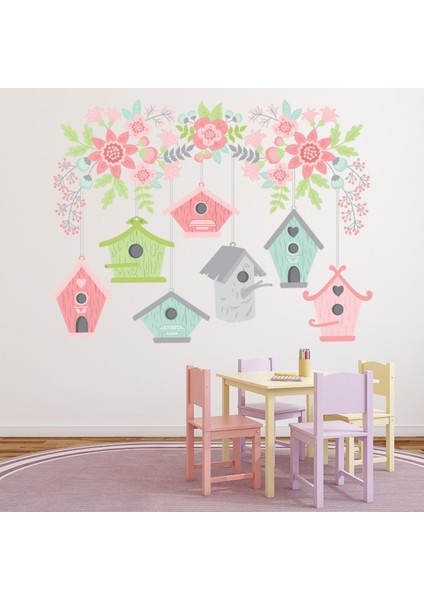 Kuş Evleri Pembe Çiçekler Dekoratif Duvar Sticker Çıkartma Bebek Çocuk Odası