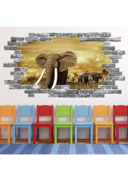 Fil Safari Günbatımı Gri Tuğla 3D Delik Dekoratif Duvar Sticker Çıkartma Bebek Çocuk Odası