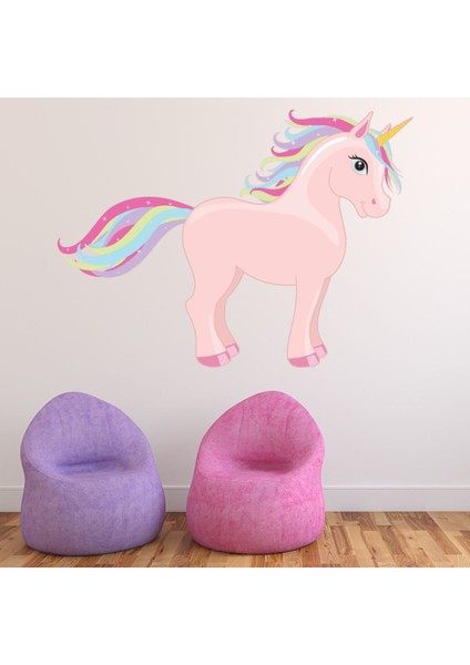 Pembe Tek Boynuzlu At Gökkuşağı Işıltı Dekoratif Duvar Sticker Çıkartma Bebek Çocuk Odası