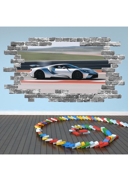 Beyaz Araba Yarışı Spor Gri Tuğla 3D Delik Dekoratif Duvar Sticker Çıkartması Bebek Çocuk Odası