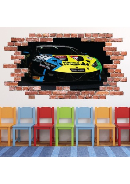 Yarış Arabası Spor Kırmızı Tuğla 3D Delik Dekoratif Duvar Sticker Çıkartma Bebek Çocuk Odası