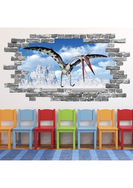 Pterodactyl Dinozor Gri Tuğla 3D Delik Dekoratif Duvar Sticker Çıkartması Bebek Çocuk Odası