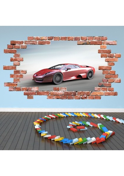 Kırmızı Yarış Spor Araba Kırmızı Tuğla 3D Delik Dekoratif Duvar Sticker Çıkartma Bebek Çocuk Odası