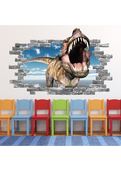 T-Rex Roar Jurassic Dinozor Gri Tuğla 3D Delik Dekoratif Duvar Sticker Çıkartması Bebek Çocuk Odası