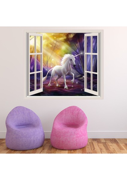 Tek Boynuzlu At Ormanı 3D Pencere Dekoratif Duvar Sticker Çıkartma Bebek Çocuk Odası
