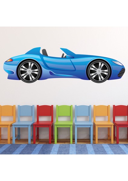 Mavi Yarış Arabası Dekoratif Duvar Sticker Çıkartma Bebek Çocuk Odası