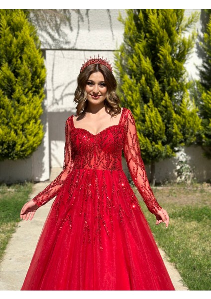 Uzun Kollu Tül Kollu Öpücük Yaka Abiye Elbise NOE1030