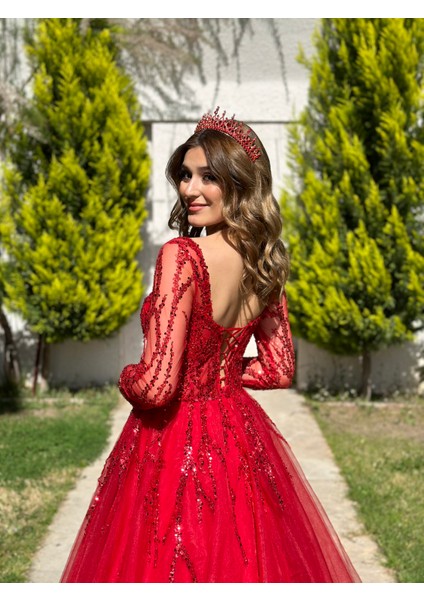 Uzun Kollu Tül Kollu Öpücük Yaka Abiye Elbise NOE1030