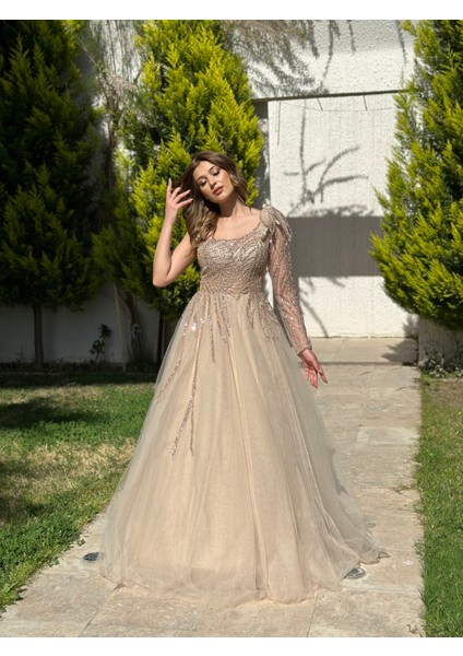 Tek Omuz Uzun Kol Tül Etek Abiye Elbise NOE3000