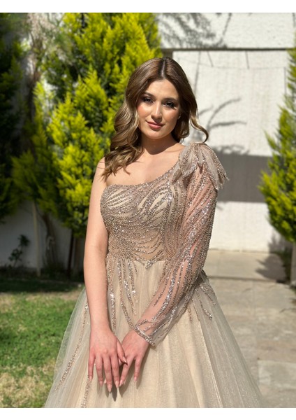 Tek Omuz Uzun Kol Tül Etek Abiye Elbise NOE3000