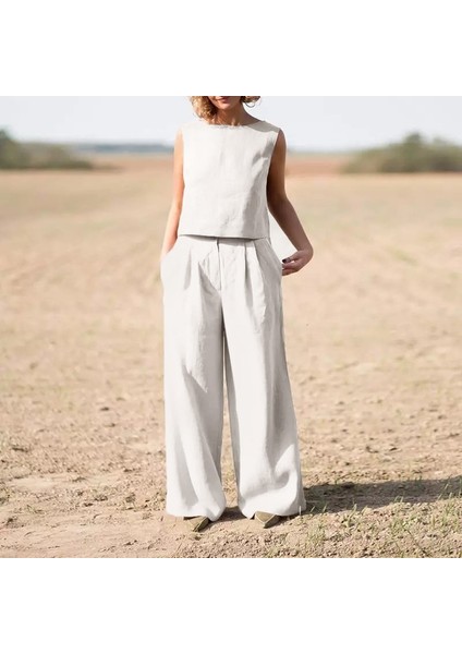 Keten Günlük Rahat Kolsuz Alt Üst Kadın Takım