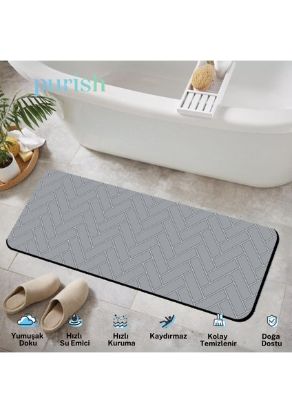 Gri Tuğla Desenli Su Emici, Kaydırmaz Tabanlı, Yıkanabilir Diatom Banyo ve Abdest Paspası - 120 x 40 cm