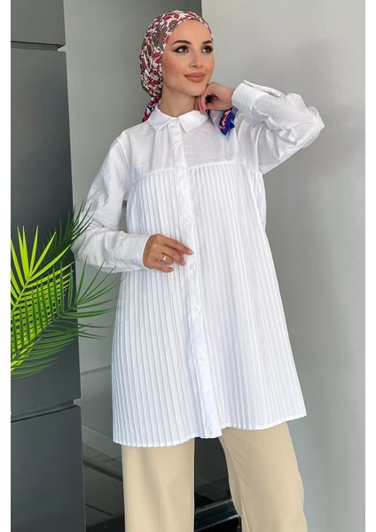 Beyaz Önü Pileli Kadın Tesettür Gömlek P-00011153