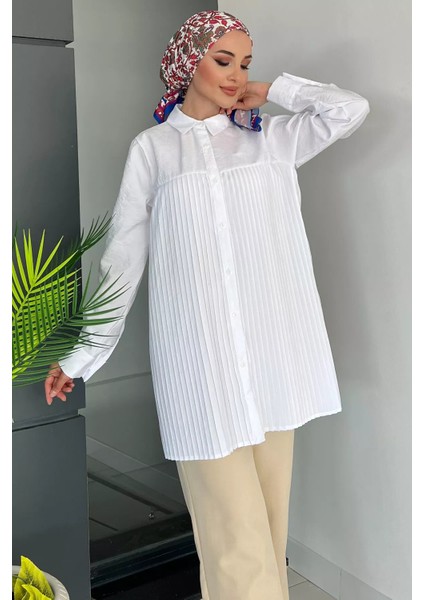 Beyaz Önü Pileli Kadın Tesettür Gömlek P-00011153 modelleri