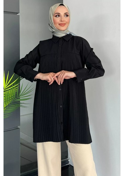 Siyah Önü Pileli Kadın Tesettür Gömlek P-00011153