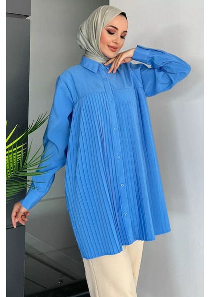 Mavi Önü Pileli Kadın Tesettür Gömlek P-00011153
