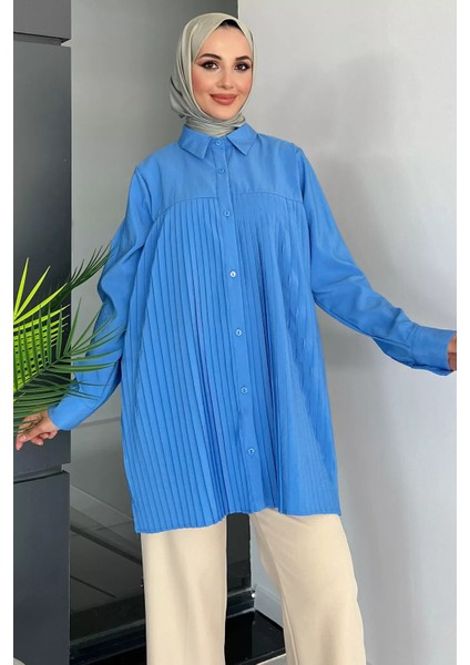 Mavi Önü Pileli Kadın Tesettür Gömlek P-00011153 fiyatları