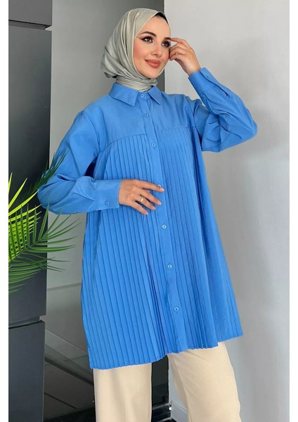 Mavi Önü Pileli Kadın Tesettür Gömlek P-00011153 modelleri