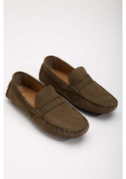 Hakiki Deri Nubuk Rok Kolej Model Haki Erkek Günlük Loafer Ayakkabı