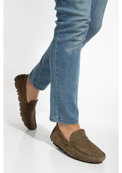 Hakiki Deri Nubuk Rok Kolej Model Haki Erkek Günlük Loafer Ayakkabı