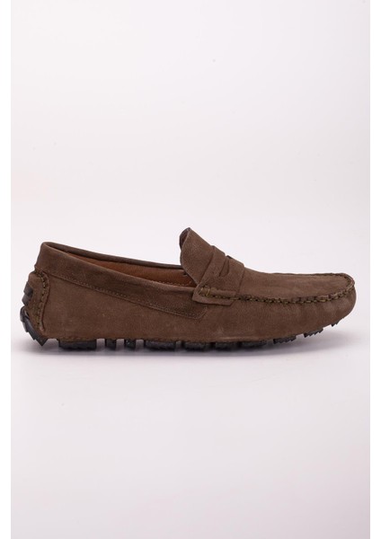 Hakiki Deri Nubuk Rok Kolej Model Haki Erkek Günlük Loafer Ayakkabı