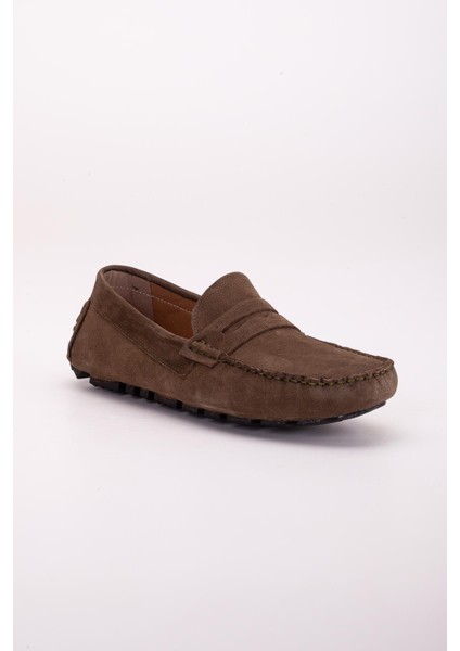 Hakiki Deri Nubuk Rok Kolej Model Haki Erkek Günlük Loafer Ayakkabı