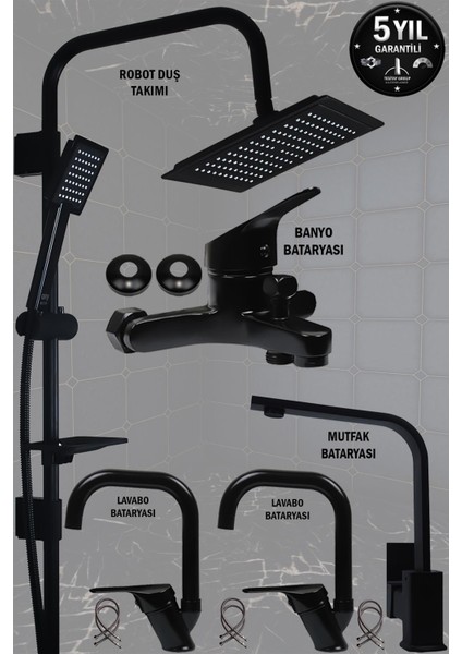 Siyah Lavabo Banyo ve Lüks Mutfak Bataryası Robot Duş Seti Musluk Armatür Banyo Seti Eviye Musluğu