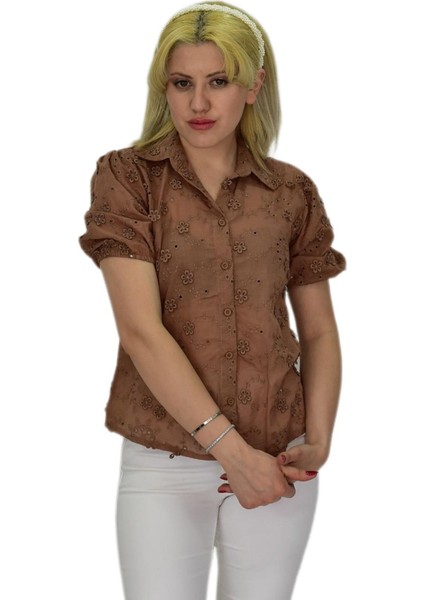Kadın Brodeli Kısa Kol Bluz Bgl-St0371