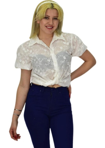 Kadın Brodeli Kısa Kol Bluz Bgl-St0371