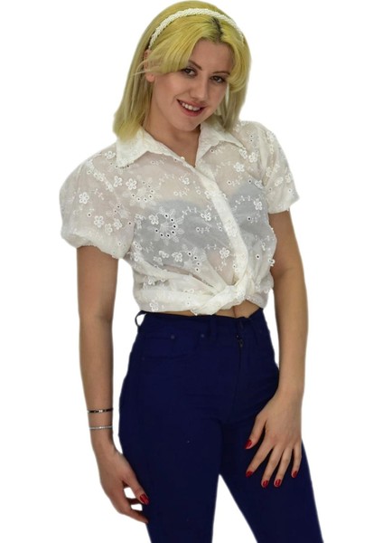 Kadın Brodeli Kısa Kol Bluz Bgl-St0371
